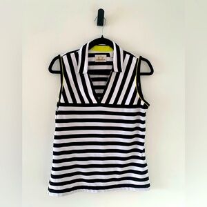 EP Pro Tech Woman’s Sleeveless Golf Shirt Sz M Black/White Striped Yellow Piping